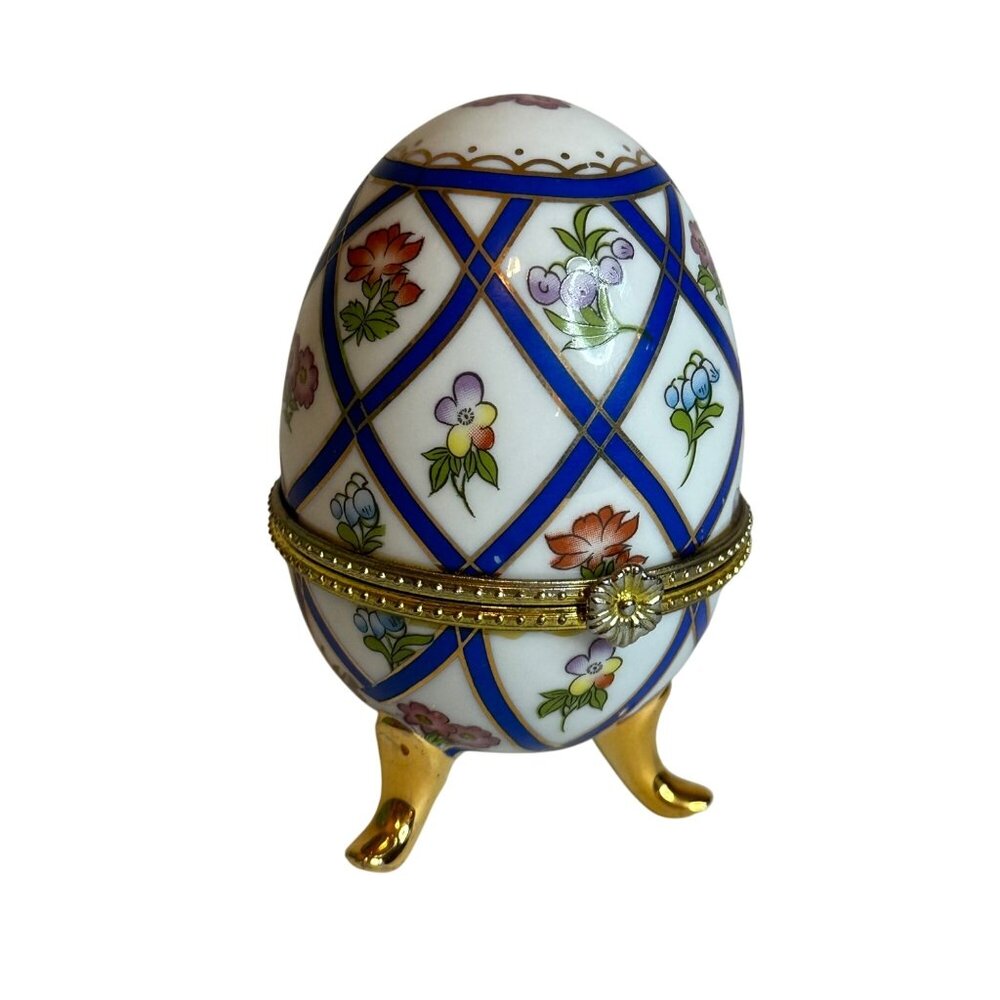 Vintage Porcelain Egg Trinket Box With Gold Accents Blue Pattern & Floral Design